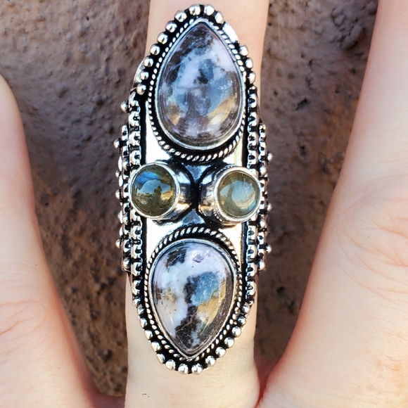 New Zebra Jasper and Labradorite 925 Silver Statement Ring. - Picture 16 of 16